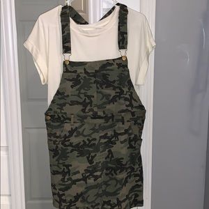 Camo skirted overalls with white T-shirt